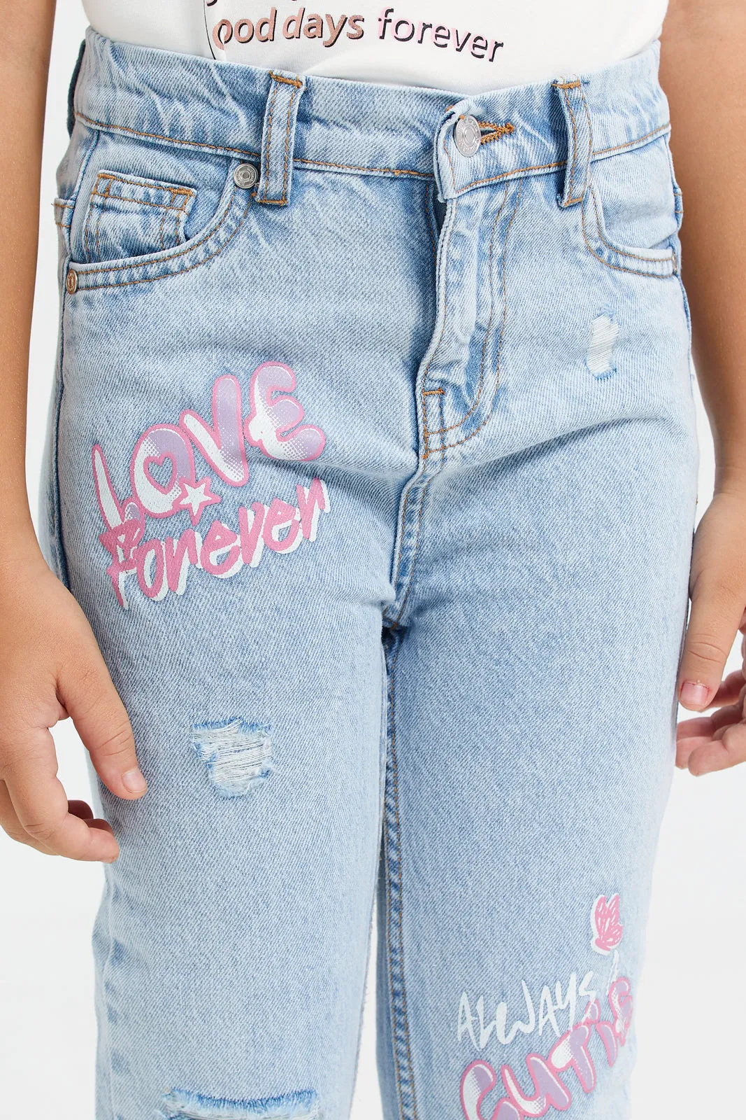 Girls Blue Printed Denim Jeans