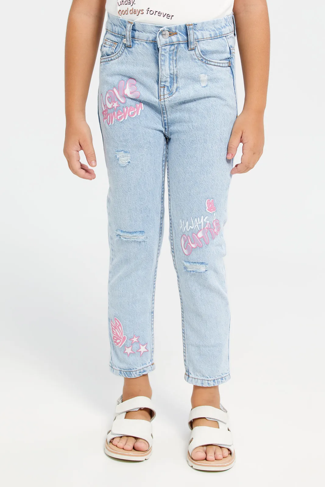 Girls Blue Printed Denim Jeans