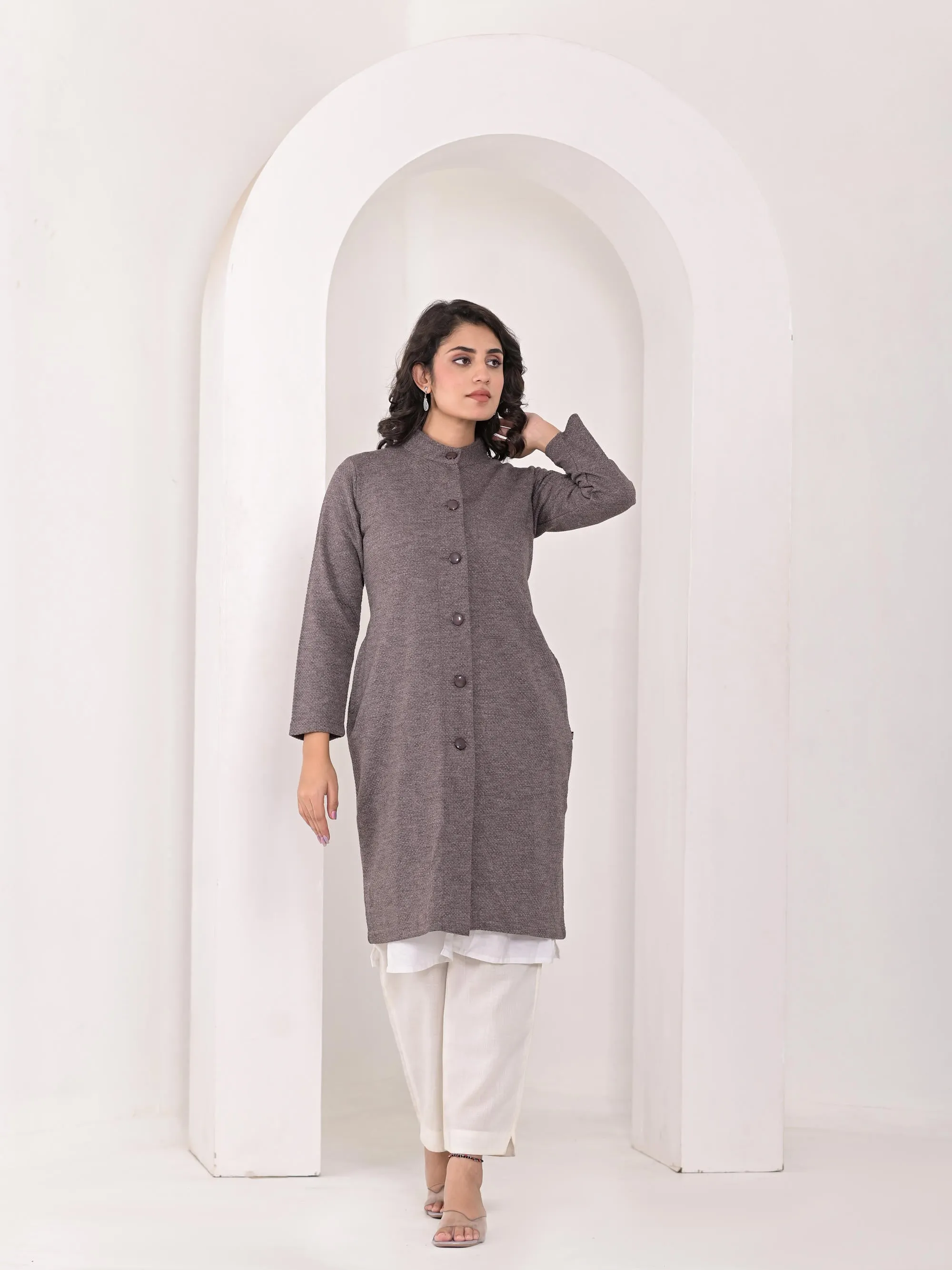 Grey Solid Cotton Winter Wear Jacket With Button Closure