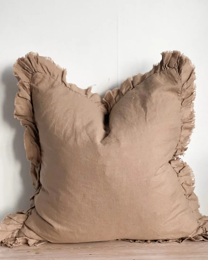 Hallie Coffee Brown Ruffle Linen Blend Cushion Cover - 45cm x 45cm