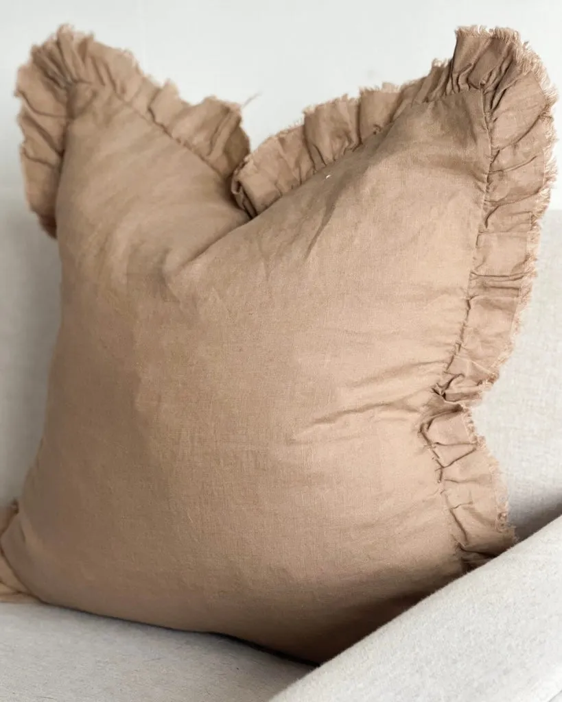 Hallie Coffee Brown Ruffle Linen Blend Cushion Cover - 45cm x 45cm