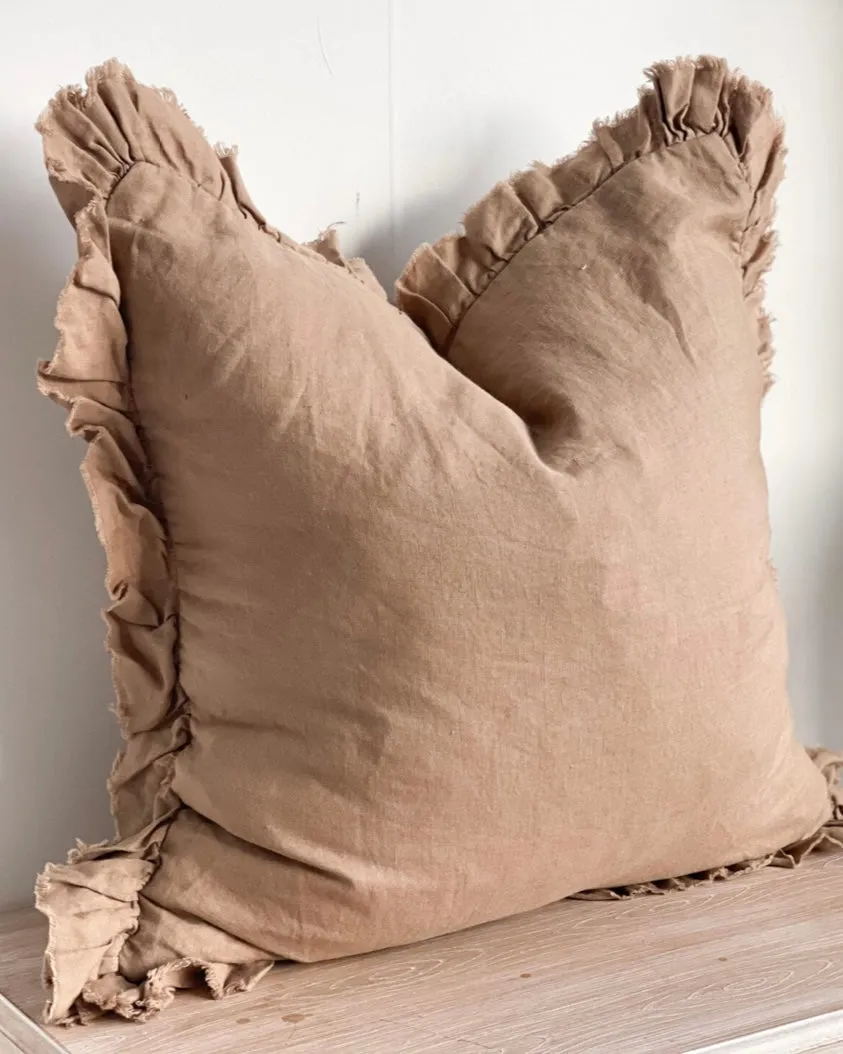 Hallie Coffee Brown Ruffle Linen Blend Cushion Cover - 45cm x 45cm