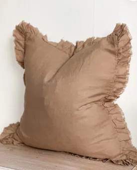 Hallie Coffee Brown Ruffle Linen Blend Cushion Cover - 45cm x 45cm