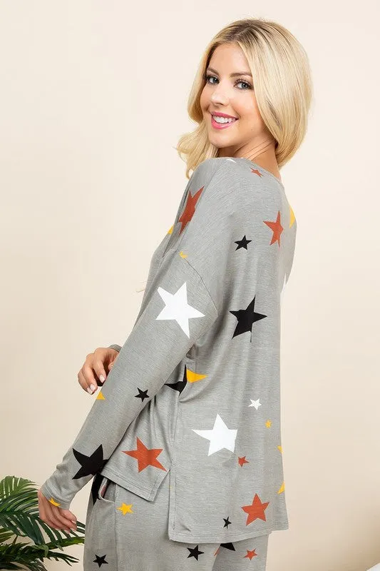 High-Low Star Print Long Sleeve Lounge Top