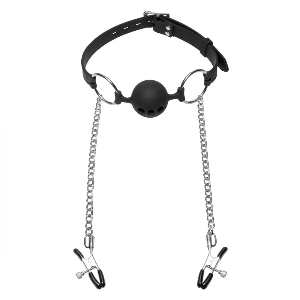 Hinder Breathable Ball Gag with Nipple Clamps