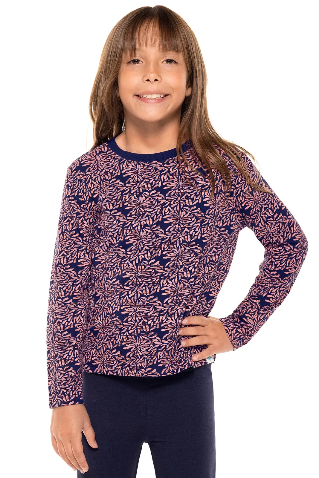 Kid's Coco Plum Everyday Long Sleeve T-Shirt  |  Peachy Pink Etched Flowers