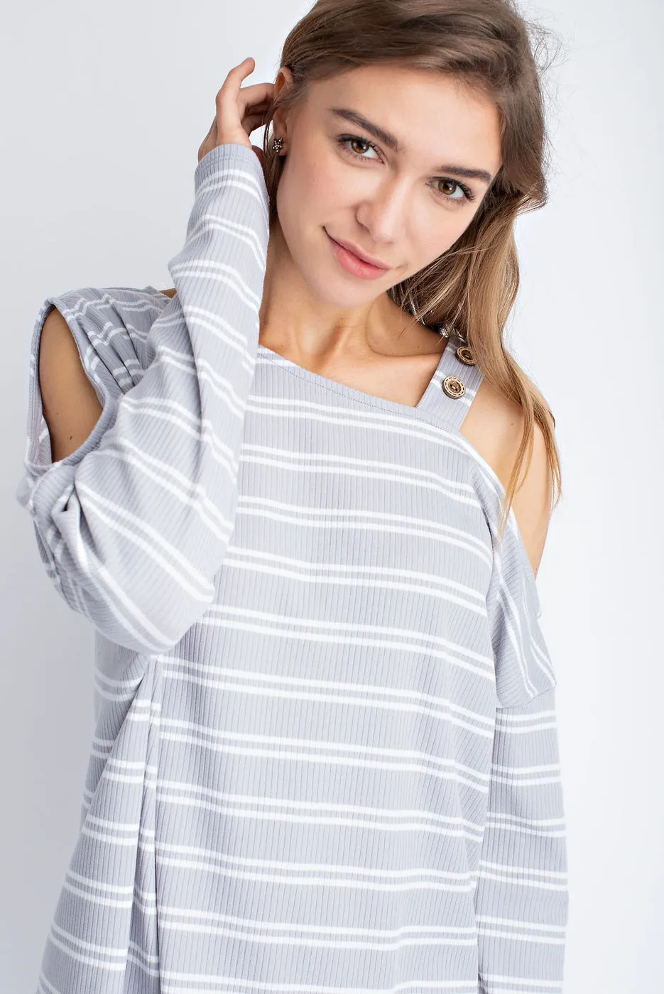 Knitted rib stripe cold shoulder button detail long sleeve top