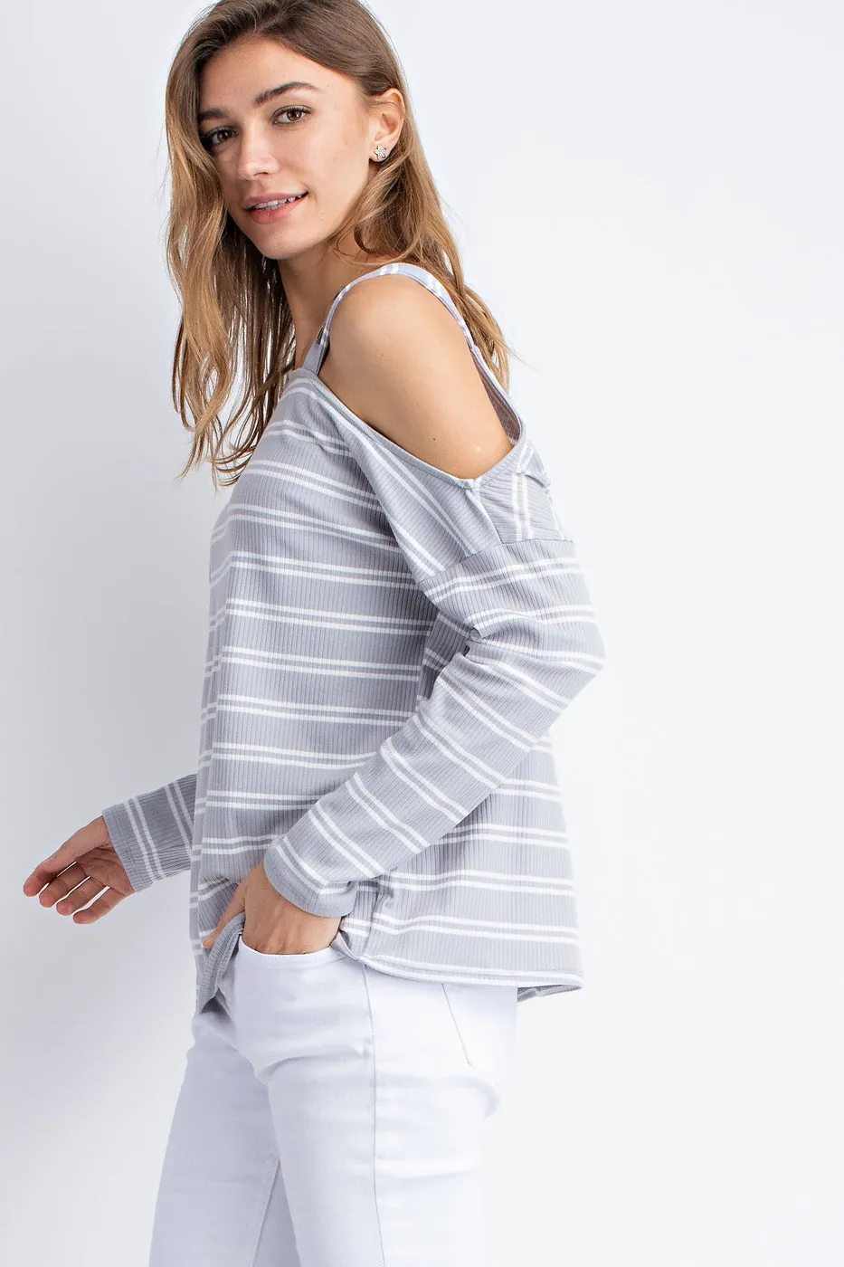 Knitted rib stripe cold shoulder button detail long sleeve top