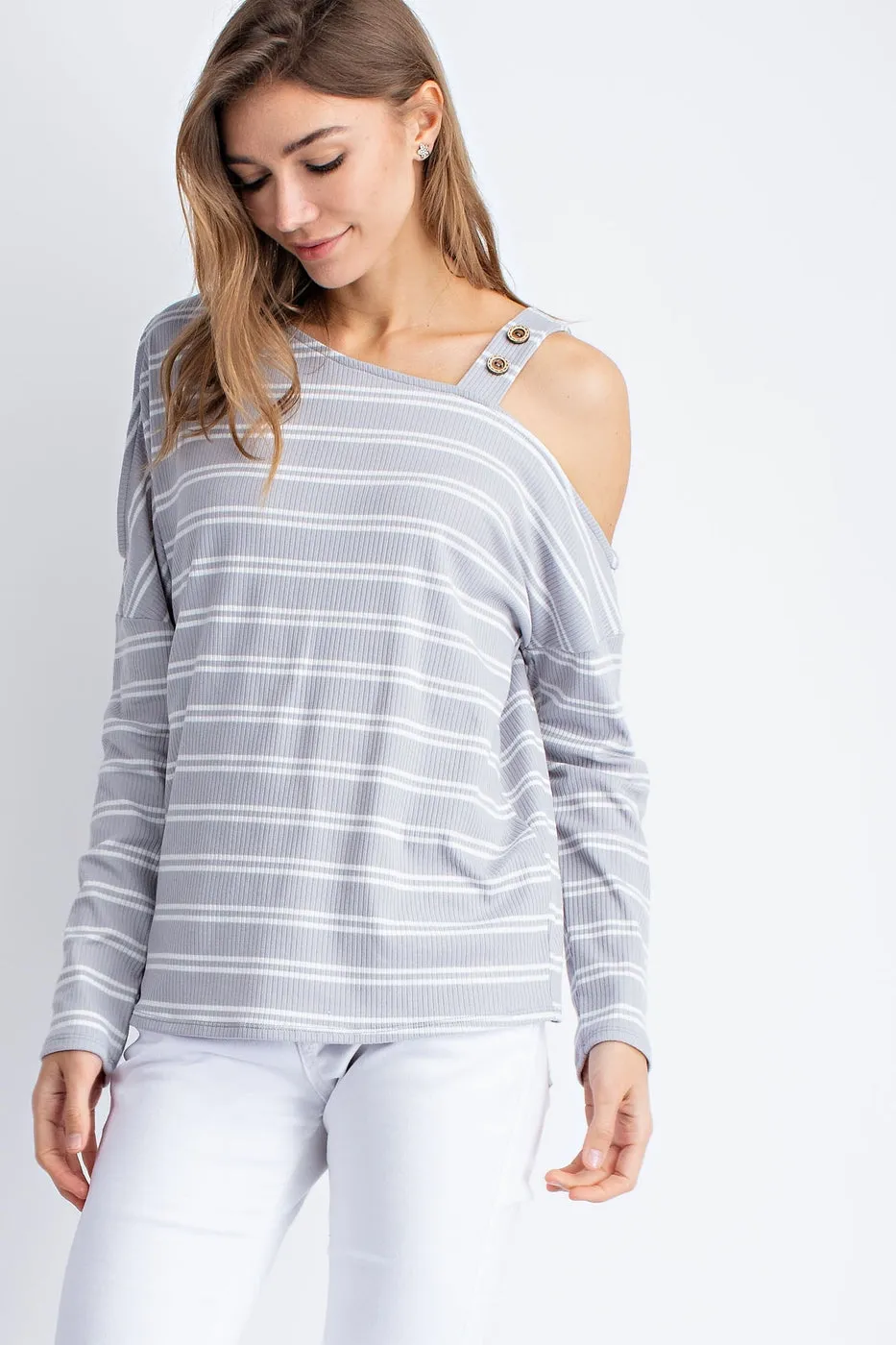 Knitted rib stripe cold shoulder button detail long sleeve top