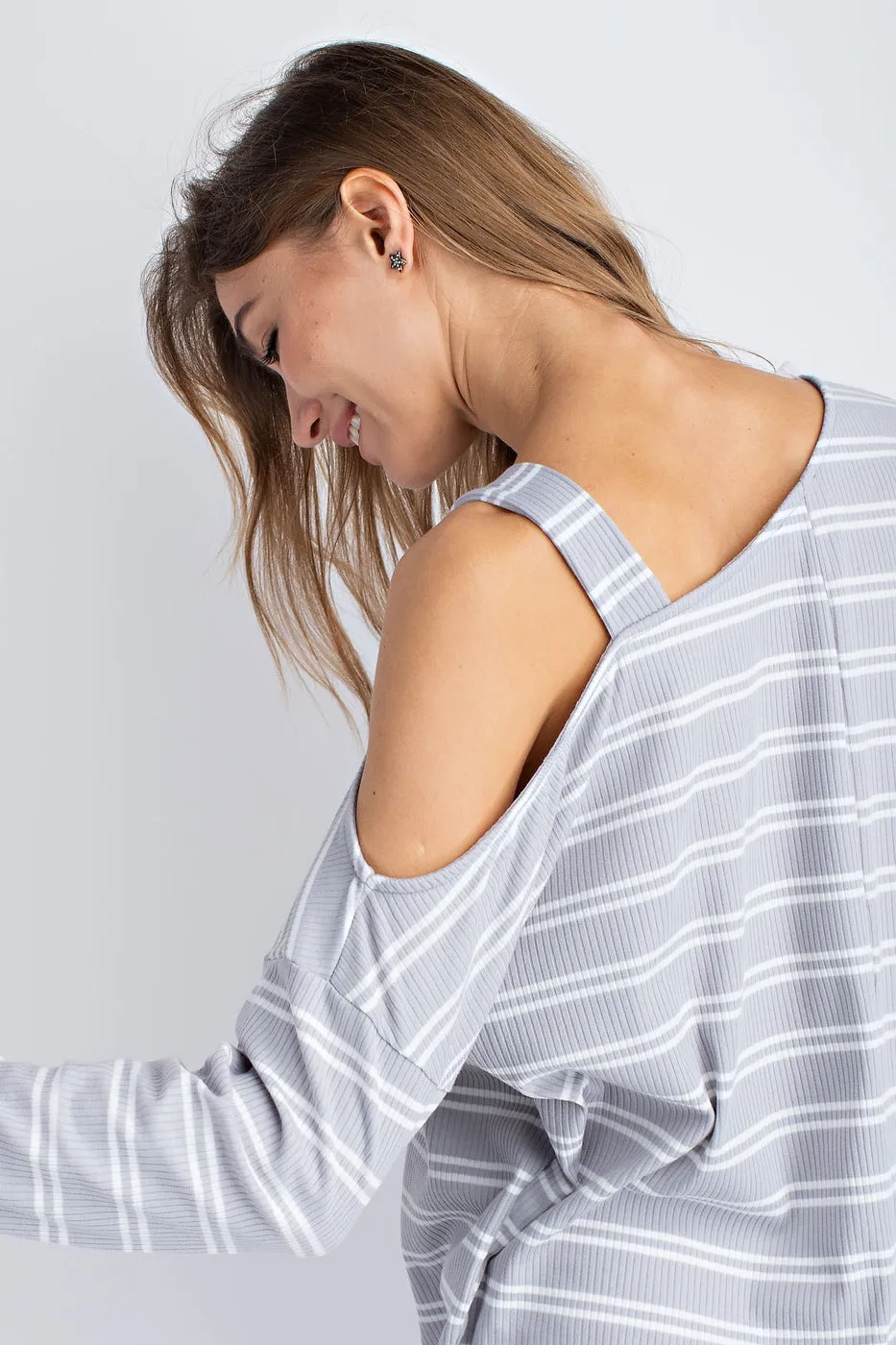 Knitted rib stripe cold shoulder button detail long sleeve top