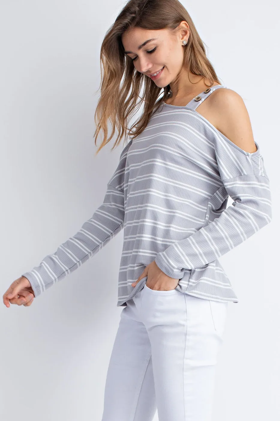 Knitted rib stripe cold shoulder button detail long sleeve top