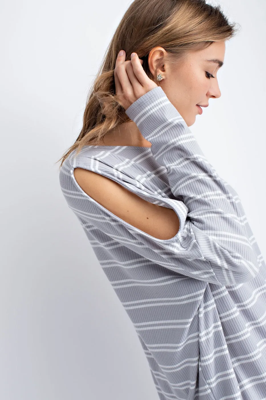 Knitted rib stripe cold shoulder button detail long sleeve top