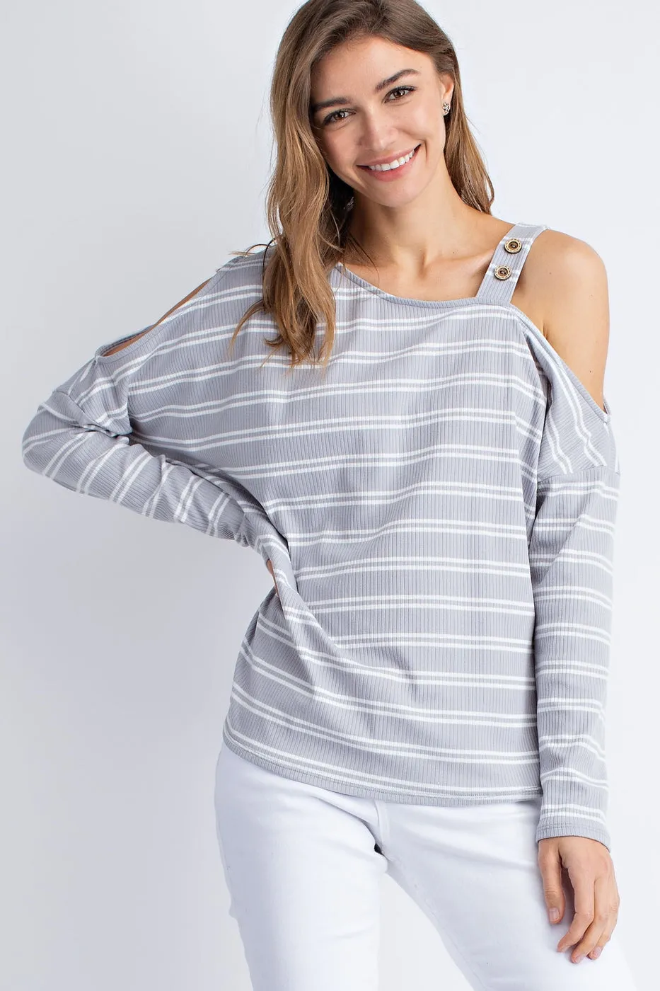 Knitted rib stripe cold shoulder button detail long sleeve top