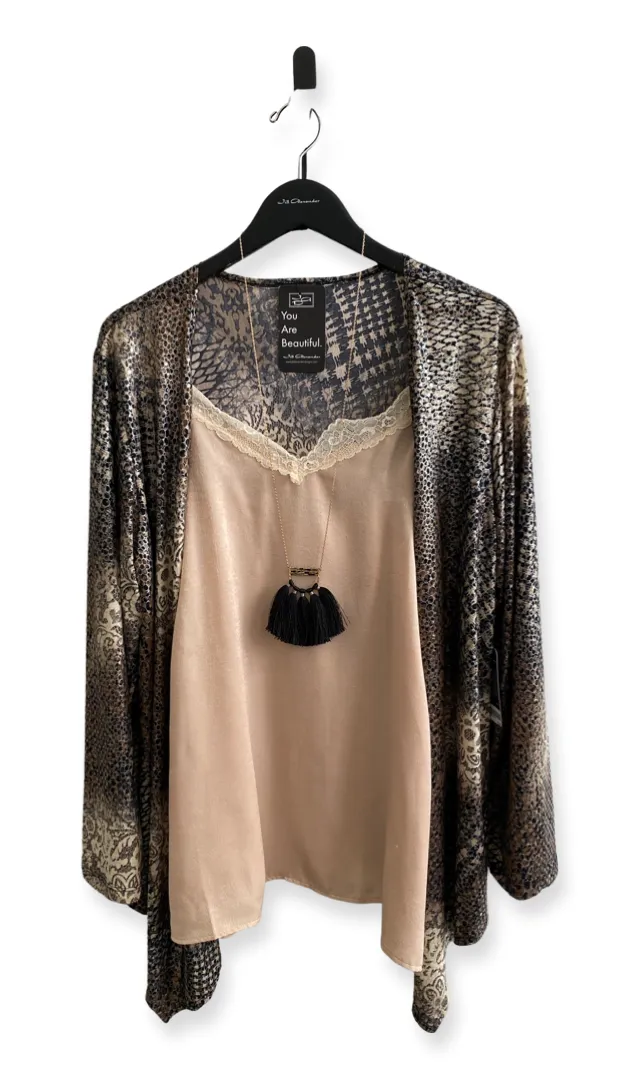 Leather and Lace Sequined Jacket in Black and Tan