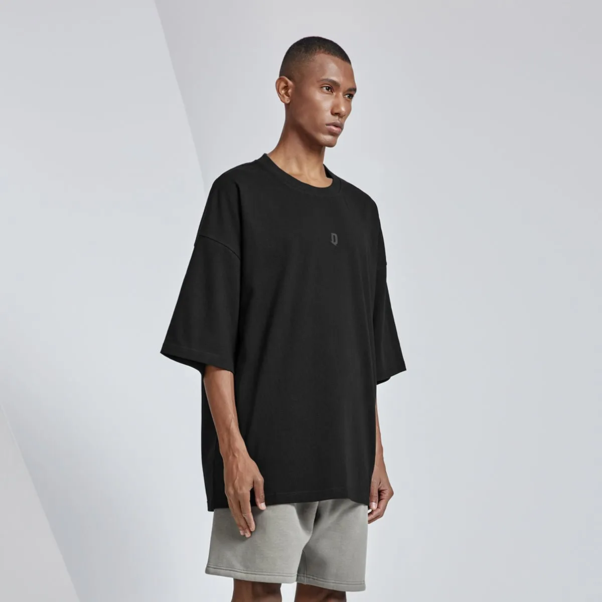 Letter D Embossed Oversized Heavyweight Black Tee