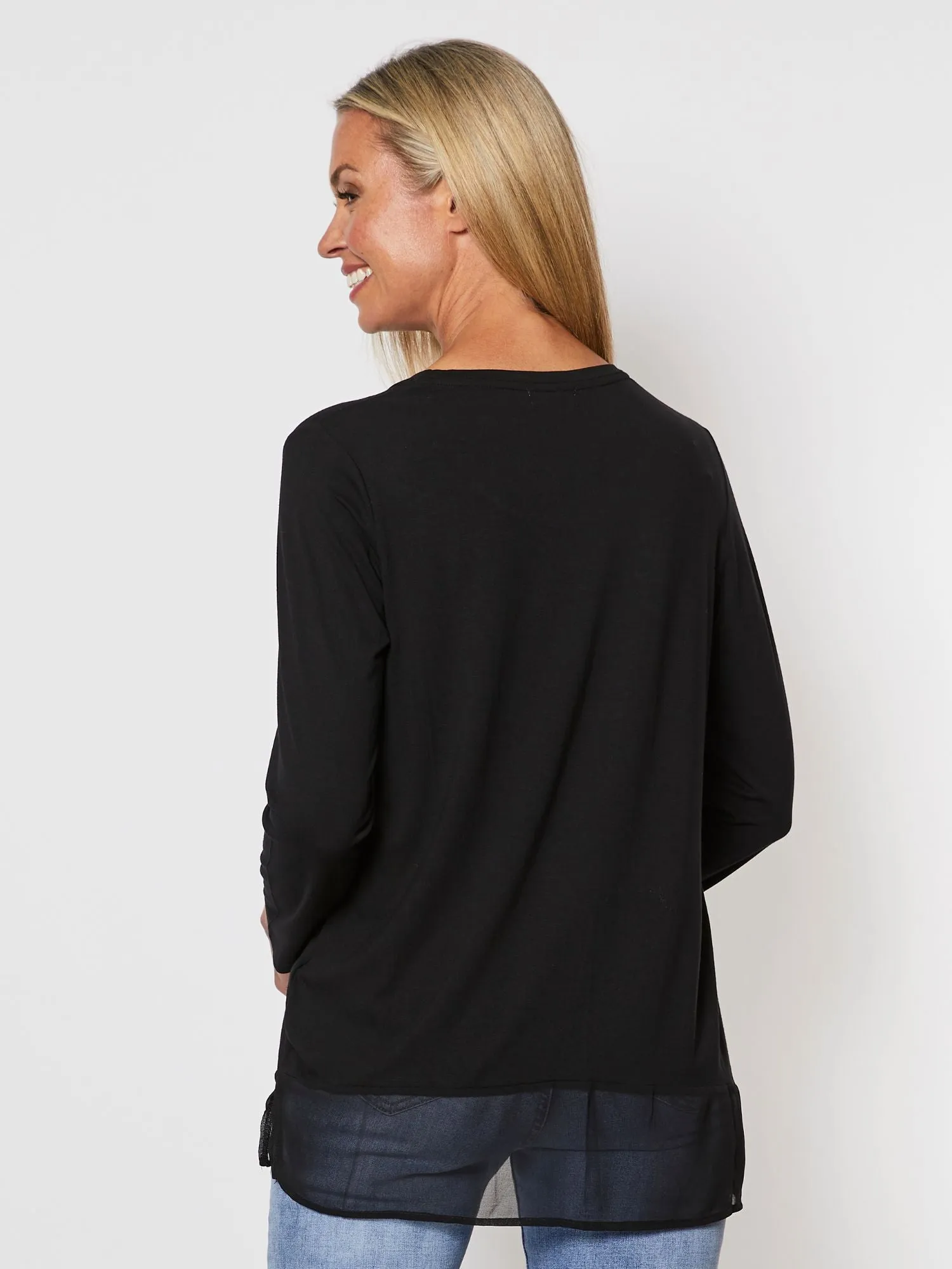 Long Sleeve Georgette Hem T-shirt - Black