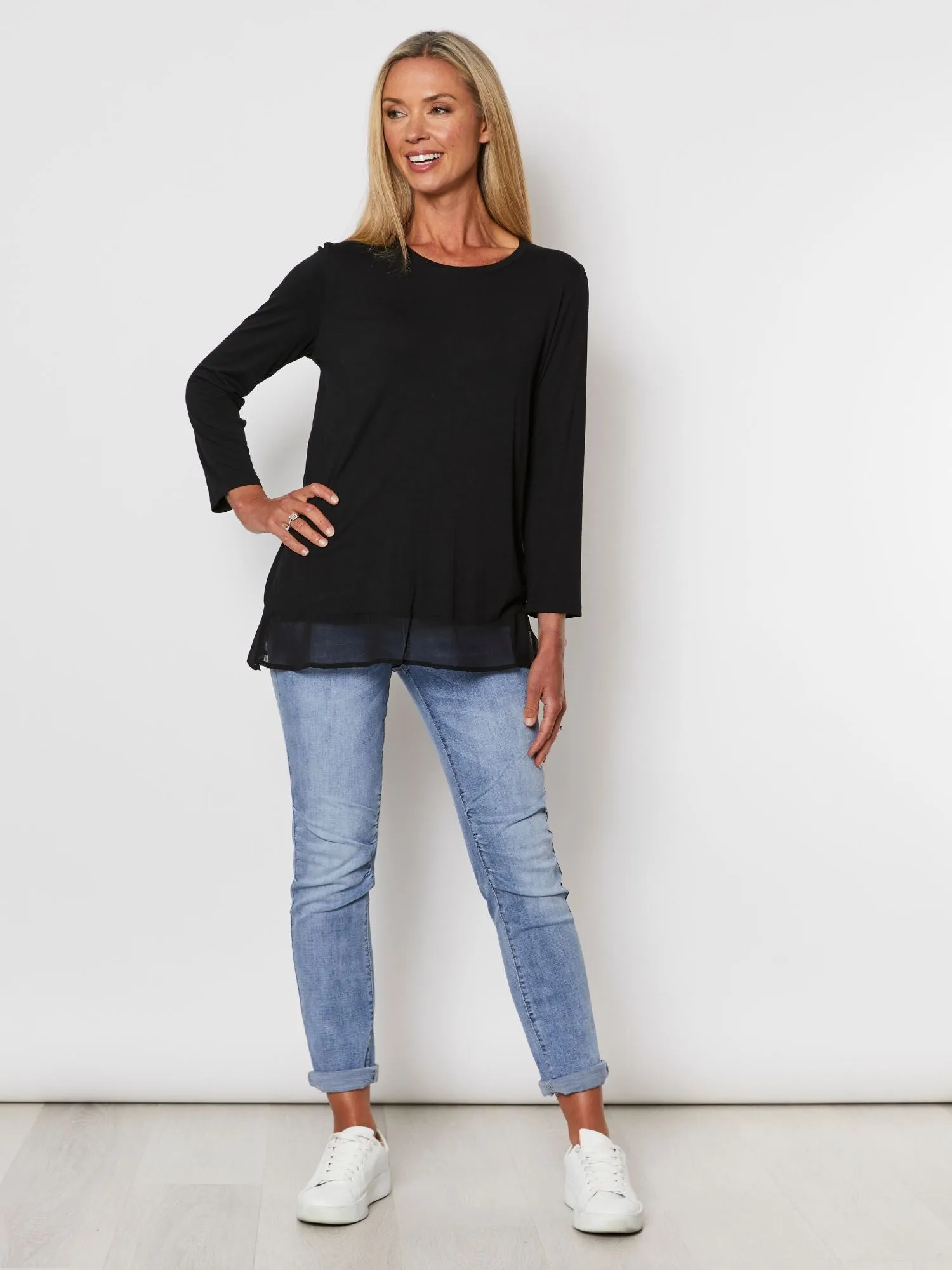 Long Sleeve Georgette Hem T-shirt - Black