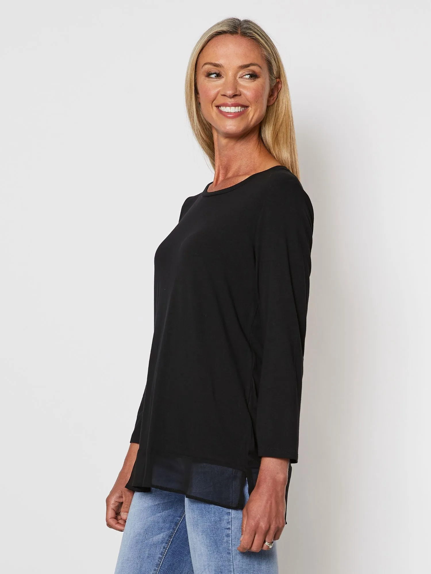 Long Sleeve Georgette Hem T-shirt - Black