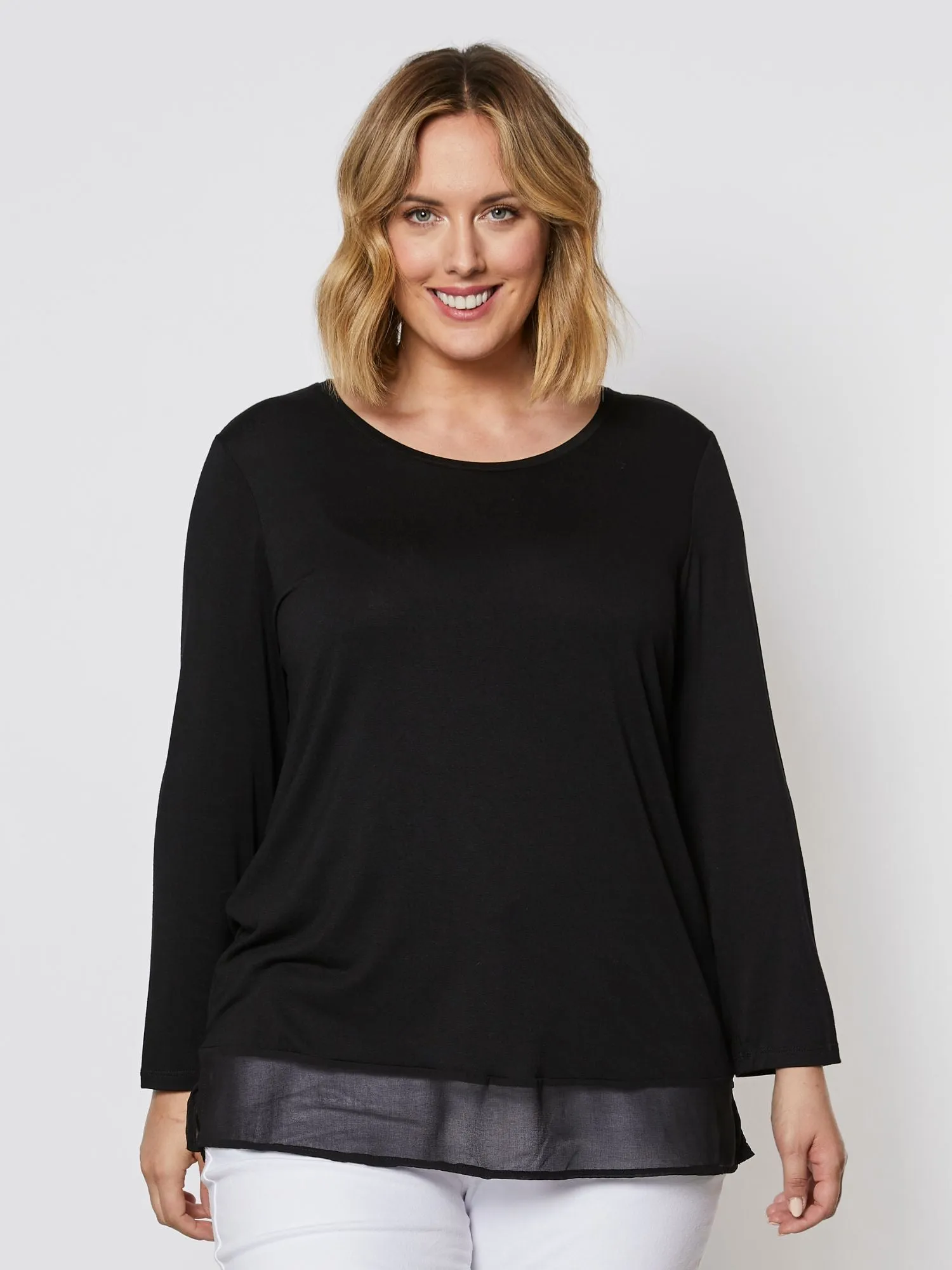 Long Sleeve Georgette Hem T-shirt - Black