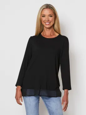 Long Sleeve Georgette Hem T-shirt - Black