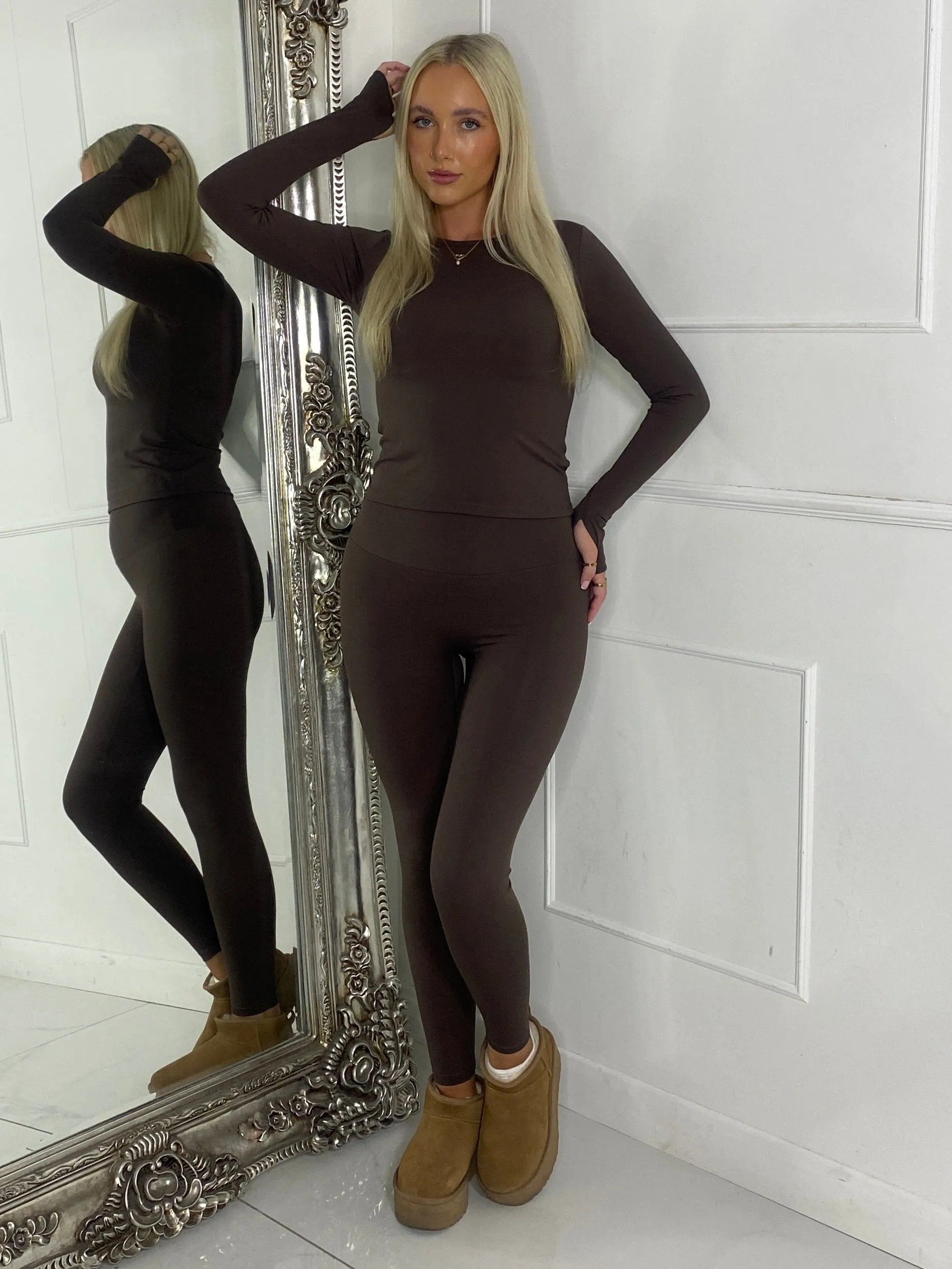 Long Sleeve Gym Top & Sculpt Leggings Set - Chocolate Brown