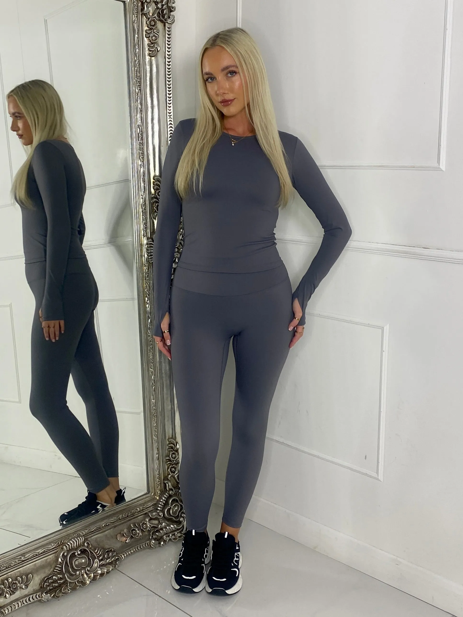 Long Sleeve Gym Top & Sculpt Leggings Set - Dark Grey