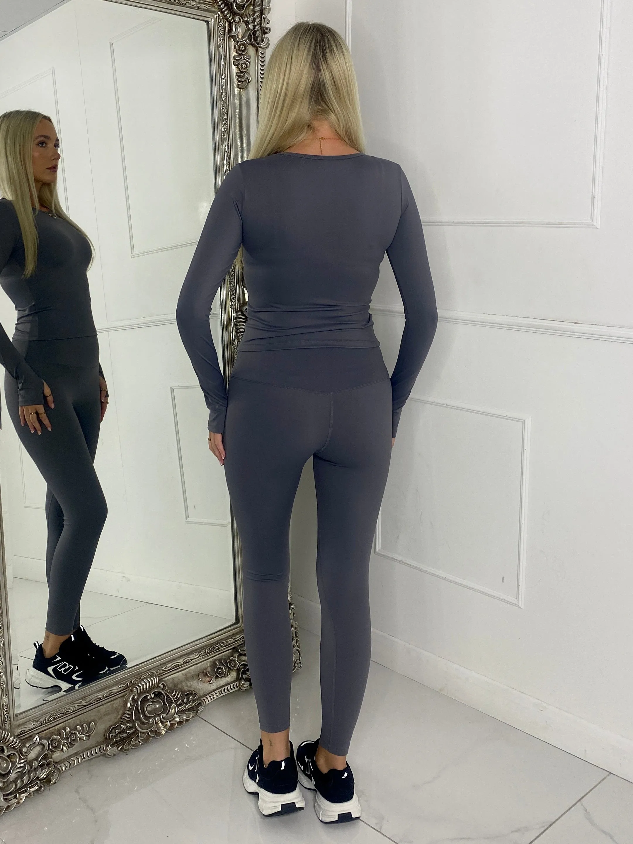 Long Sleeve Gym Top & Sculpt Leggings Set - Dark Grey