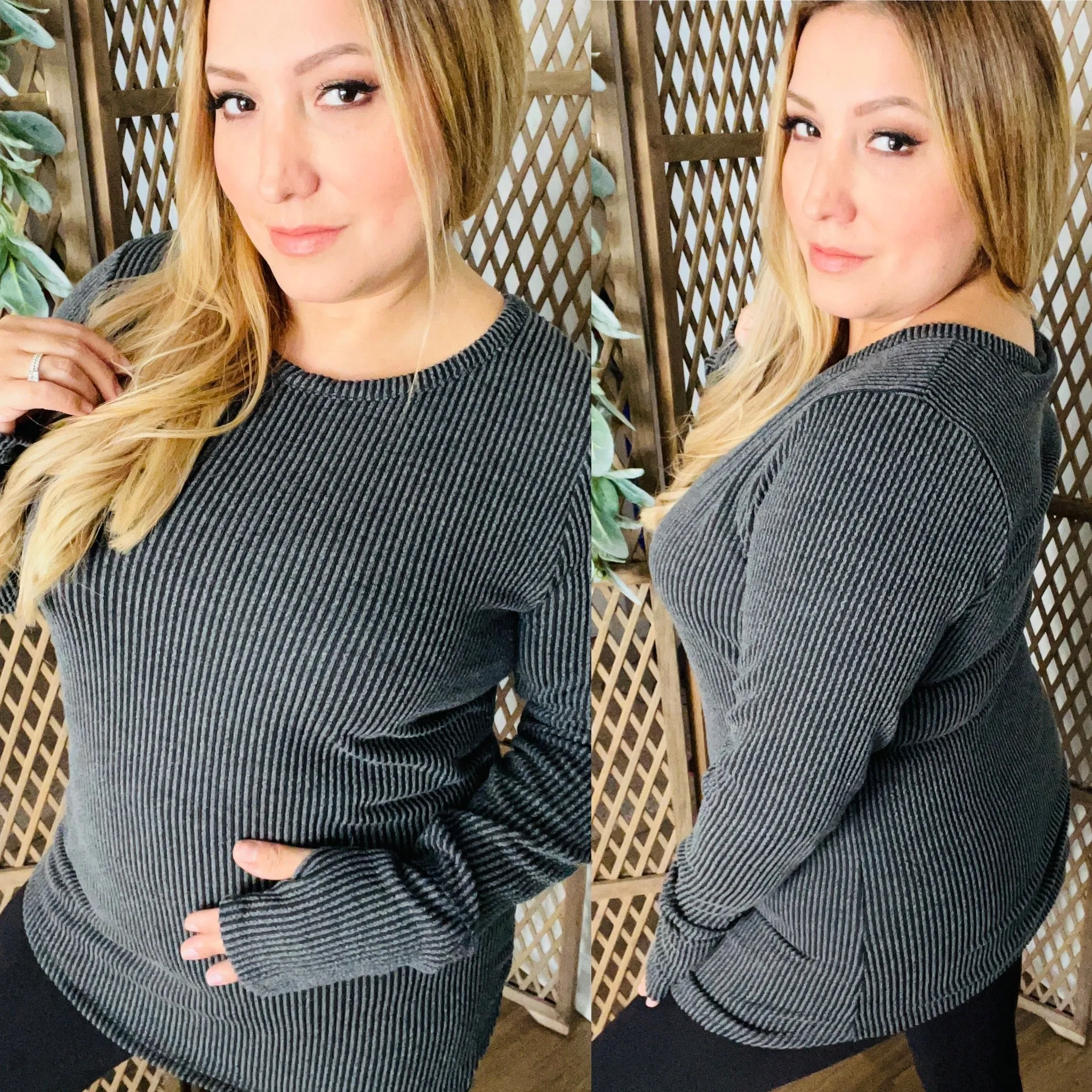 Long Sleeve Solid Urban Ribbed Top w/ Thumbhole: Charcoal