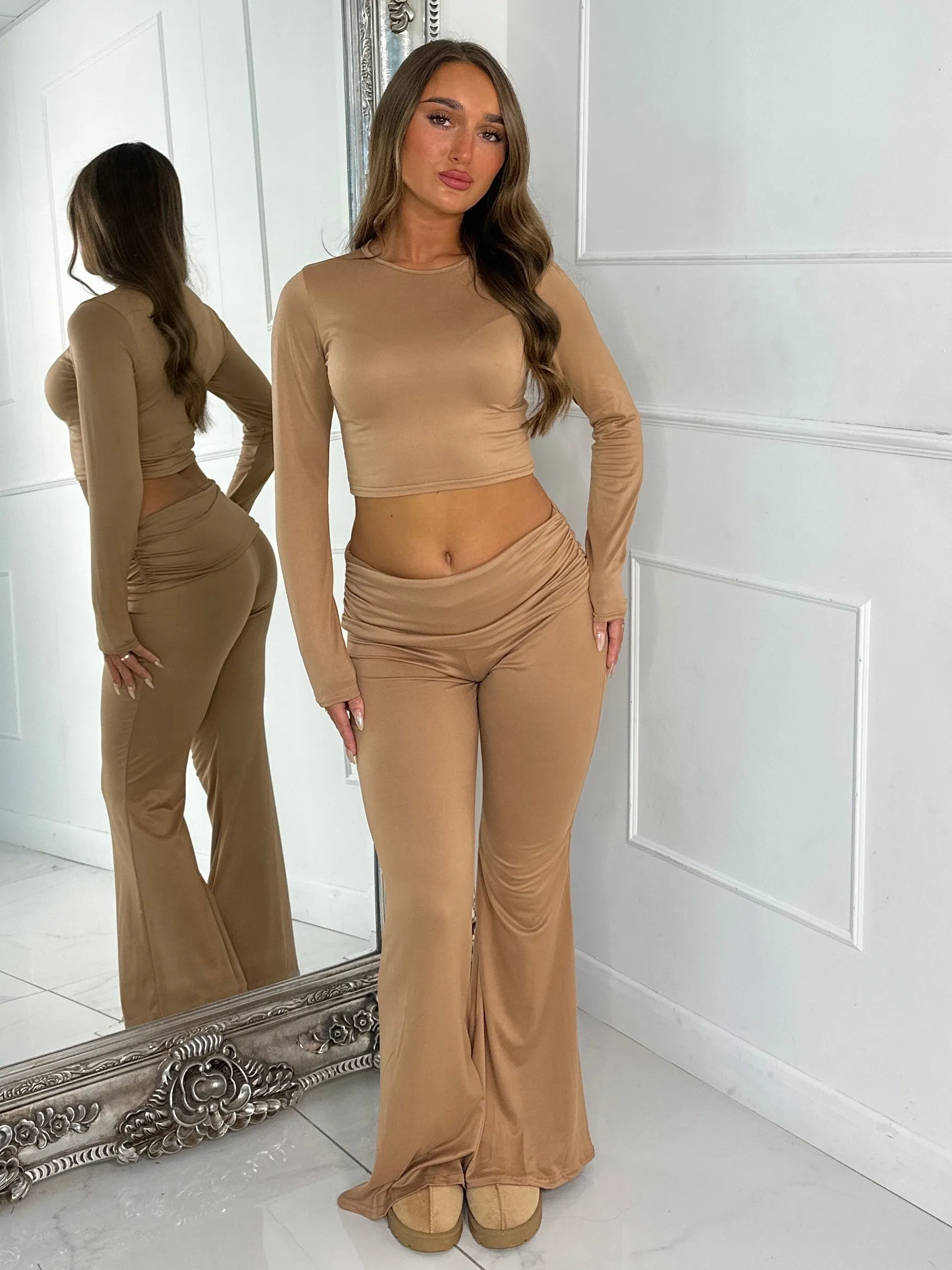 Long Sleeve Top & Fold Over Flared Co-ord - Beige