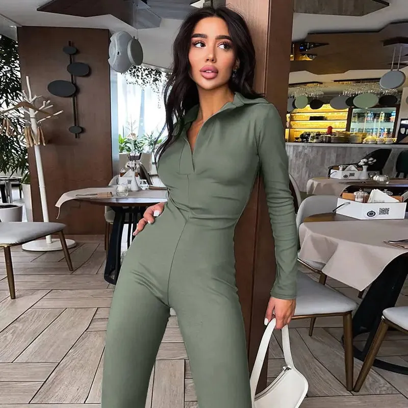 Long Sleeve V-Neck Skinny Jumpsuit^