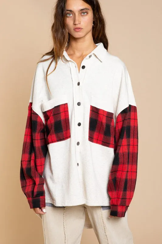 Long Sleeve With Plaid Detail Sleeve Shacket - Online Exclusive