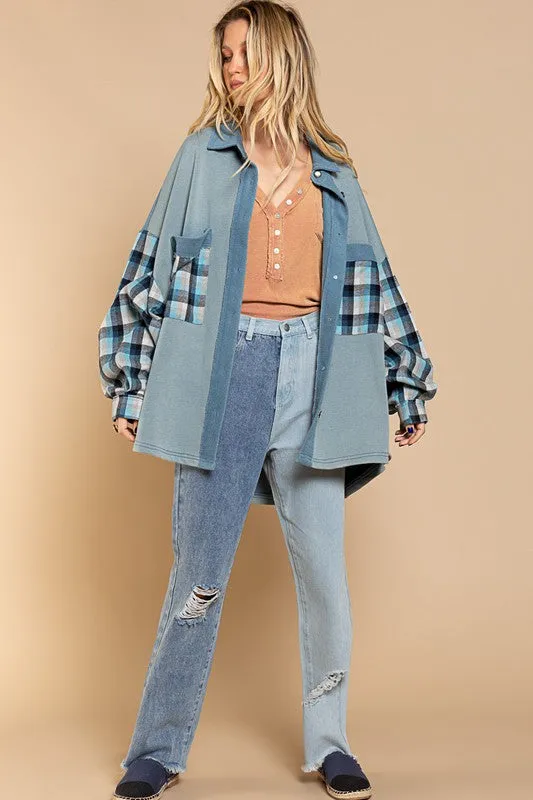 Long Sleeve With Plaid Detail Sleeve Shacket - Online Exclusive