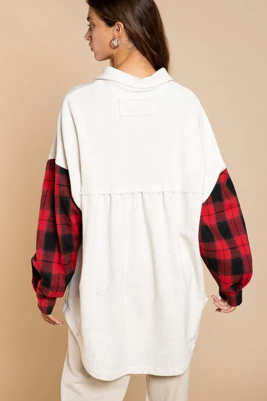 Long Sleeve With Plaid Detail Sleeve Shacket - Online Exclusive