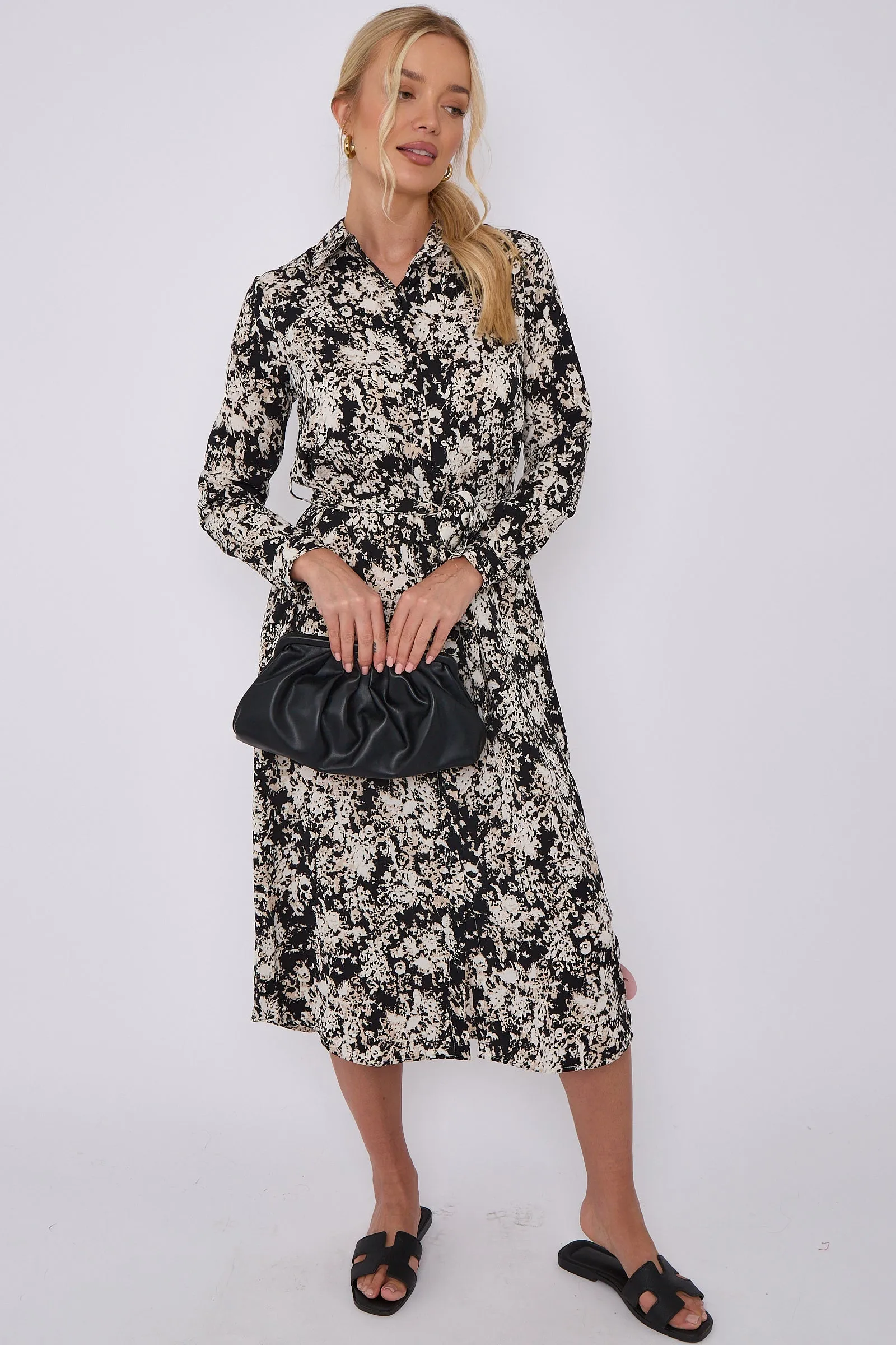 LOVE SUNSHINE Black Tie Dye Print Long Sleeve Midi Shirt Dress