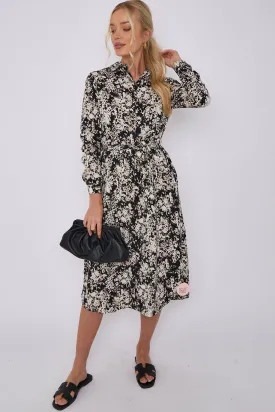 LOVE SUNSHINE Black Tie Dye Print Long Sleeve Midi Shirt Dress