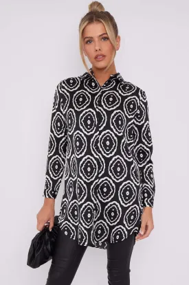 LOVE SUNSHINE Mono Tribe Print Bubble Satin Long Shirt