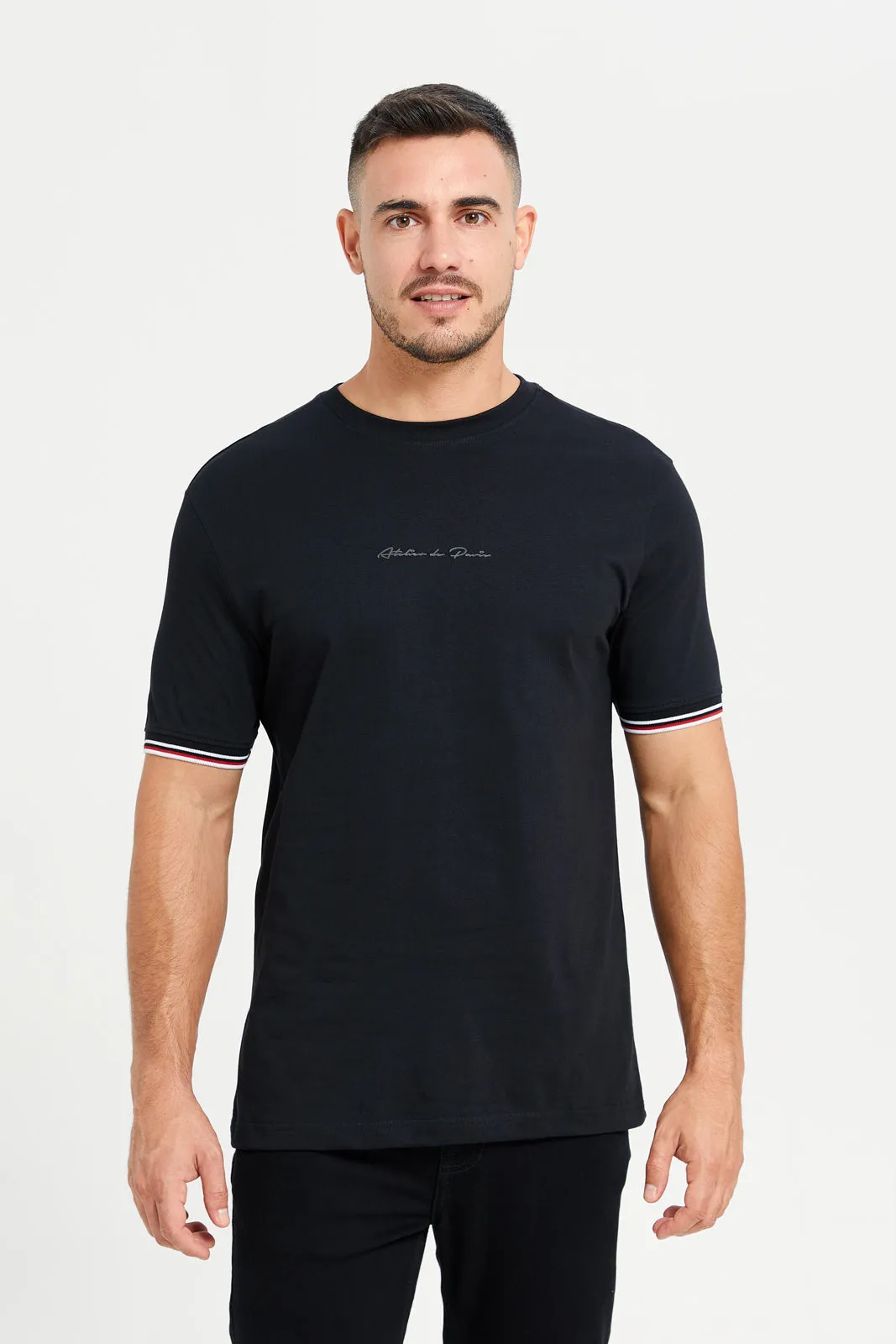 Men Black Tipped T-Shirt With Logo