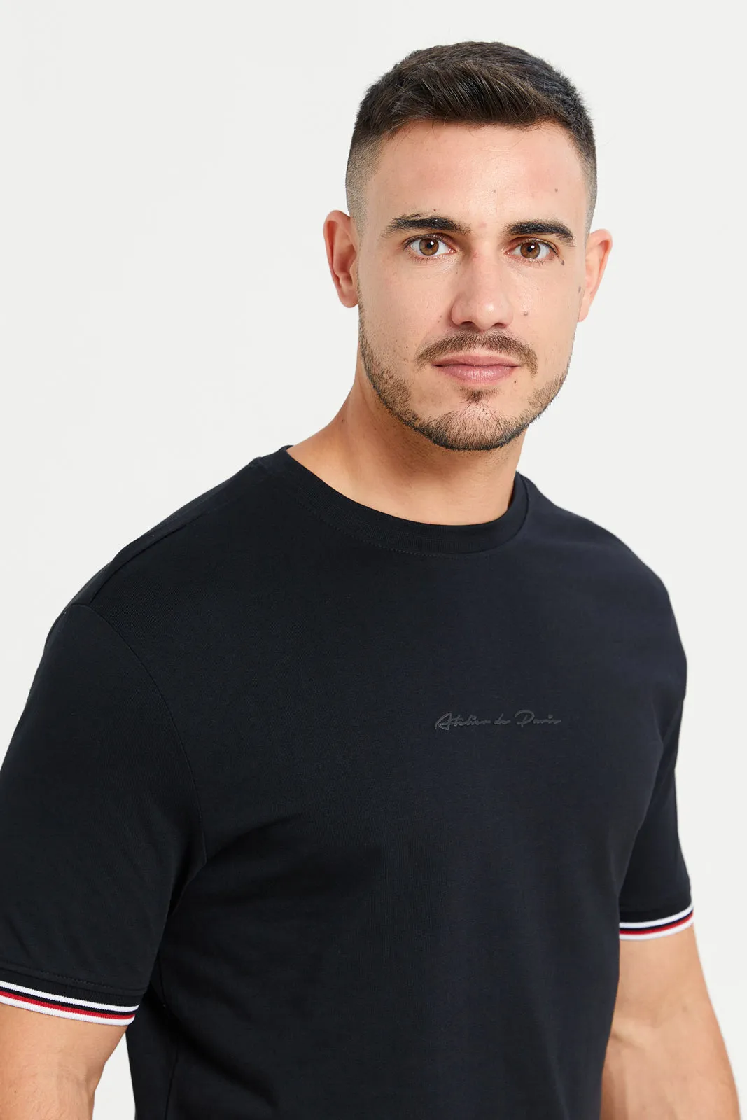 Men Black Tipped T-Shirt With Logo