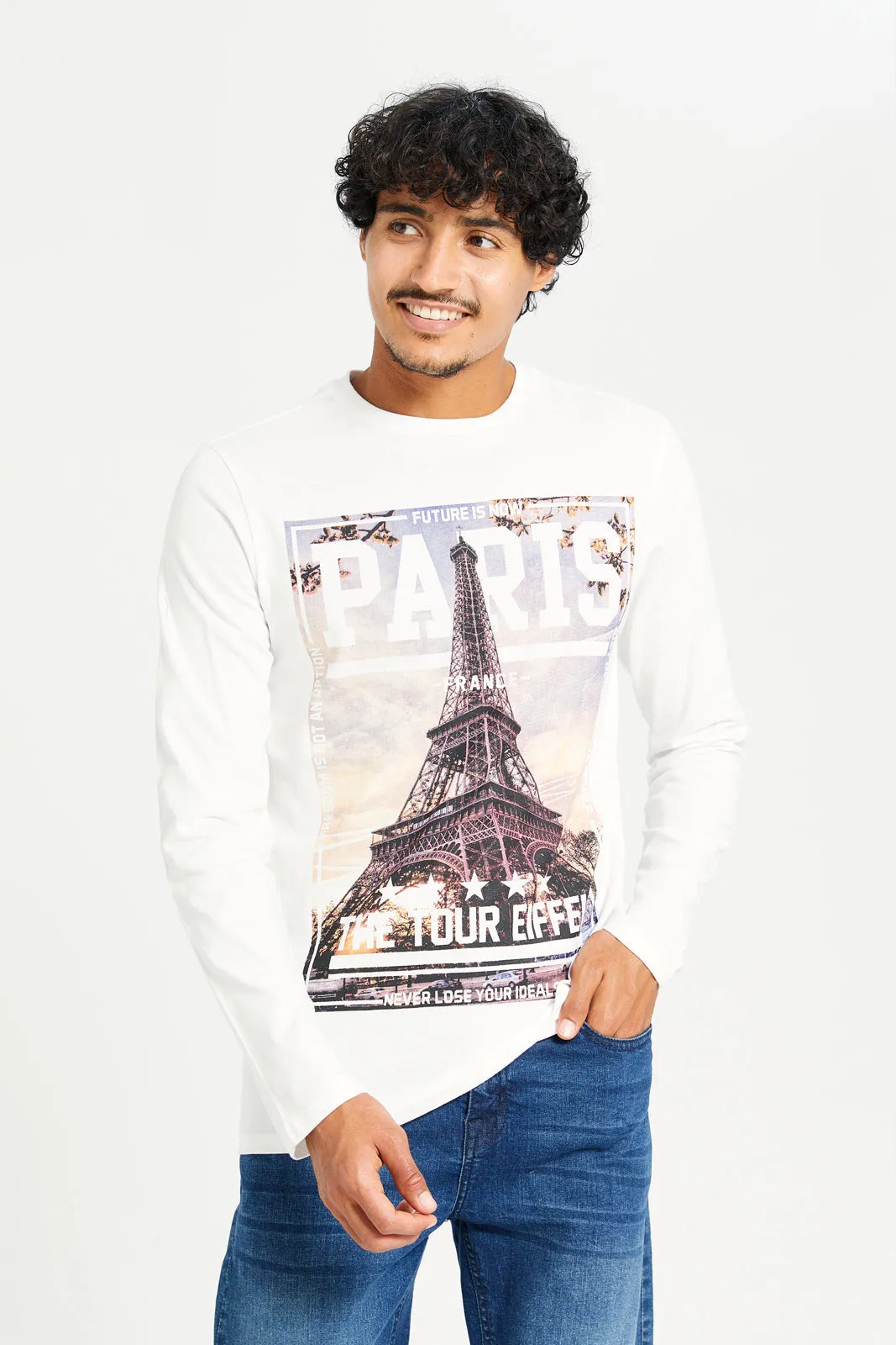 Men White Printed Long Sleeve T-shirt