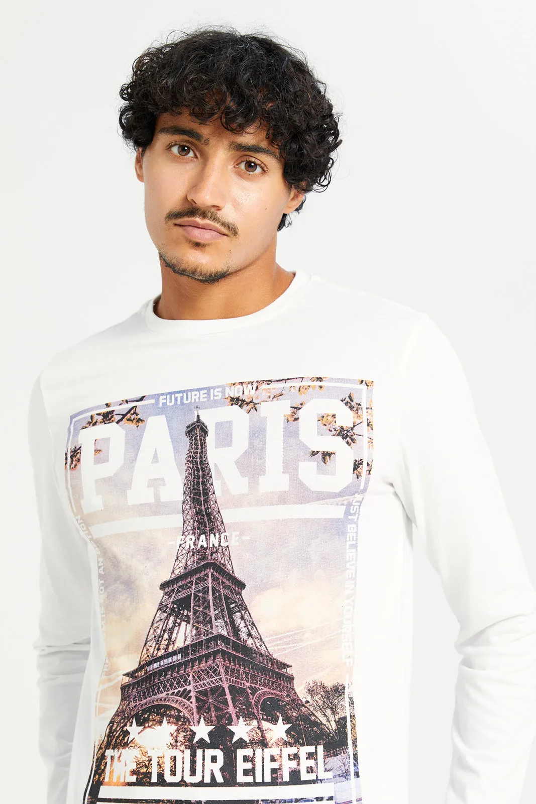 Men White Printed Long Sleeve T-shirt