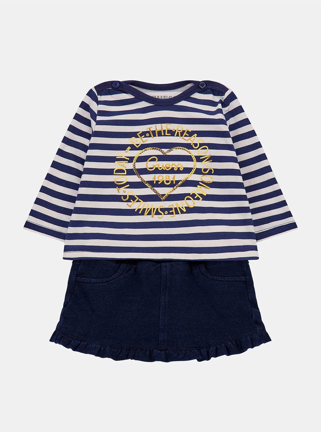 Navy White Long Sleeve and Denim Skirt Set (3-18M)