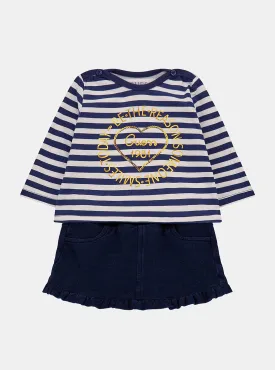 Navy White Long Sleeve and Denim Skirt Set (3-18M)