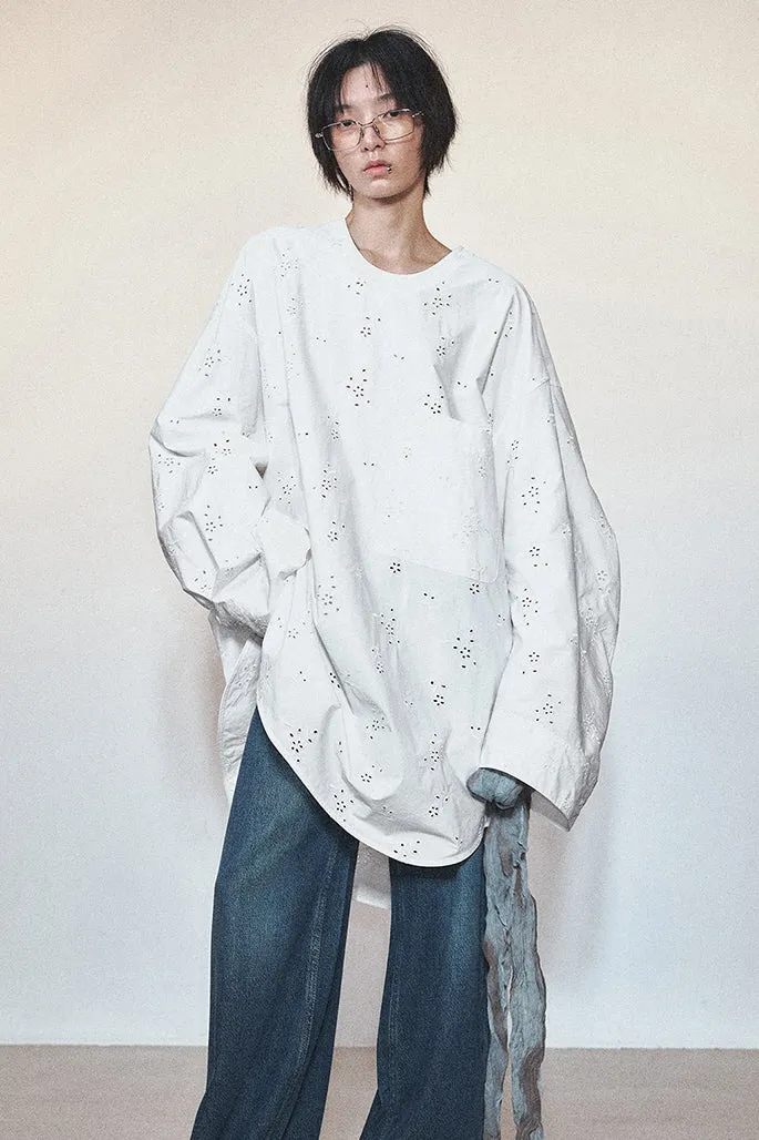 Oversized Silhouette Cotton Shirt & Round Neck with Patch Pocket Mutton Sleeves