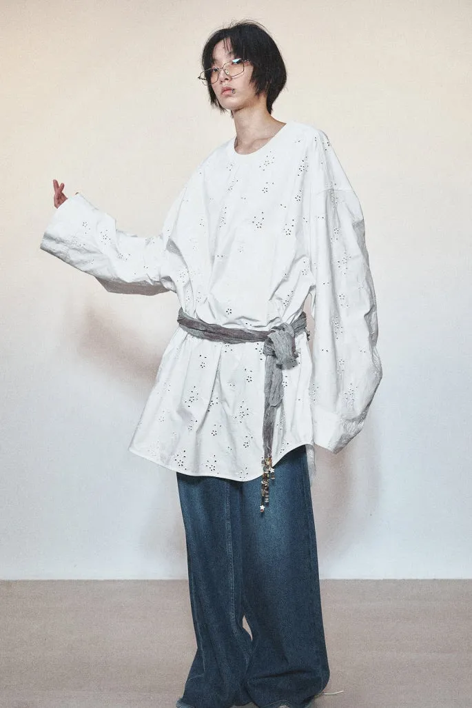 Oversized Silhouette Cotton Shirt & Round Neck with Patch Pocket Mutton Sleeves