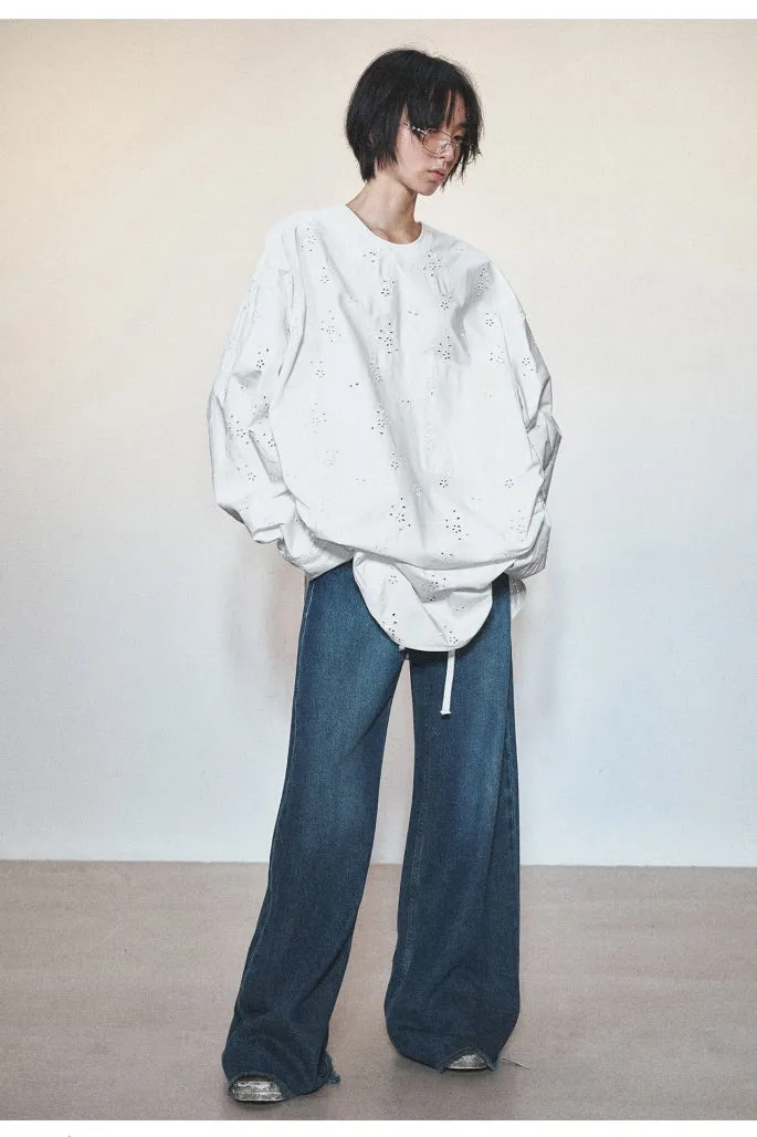 Oversized Silhouette Cotton Shirt & Round Neck with Patch Pocket Mutton Sleeves