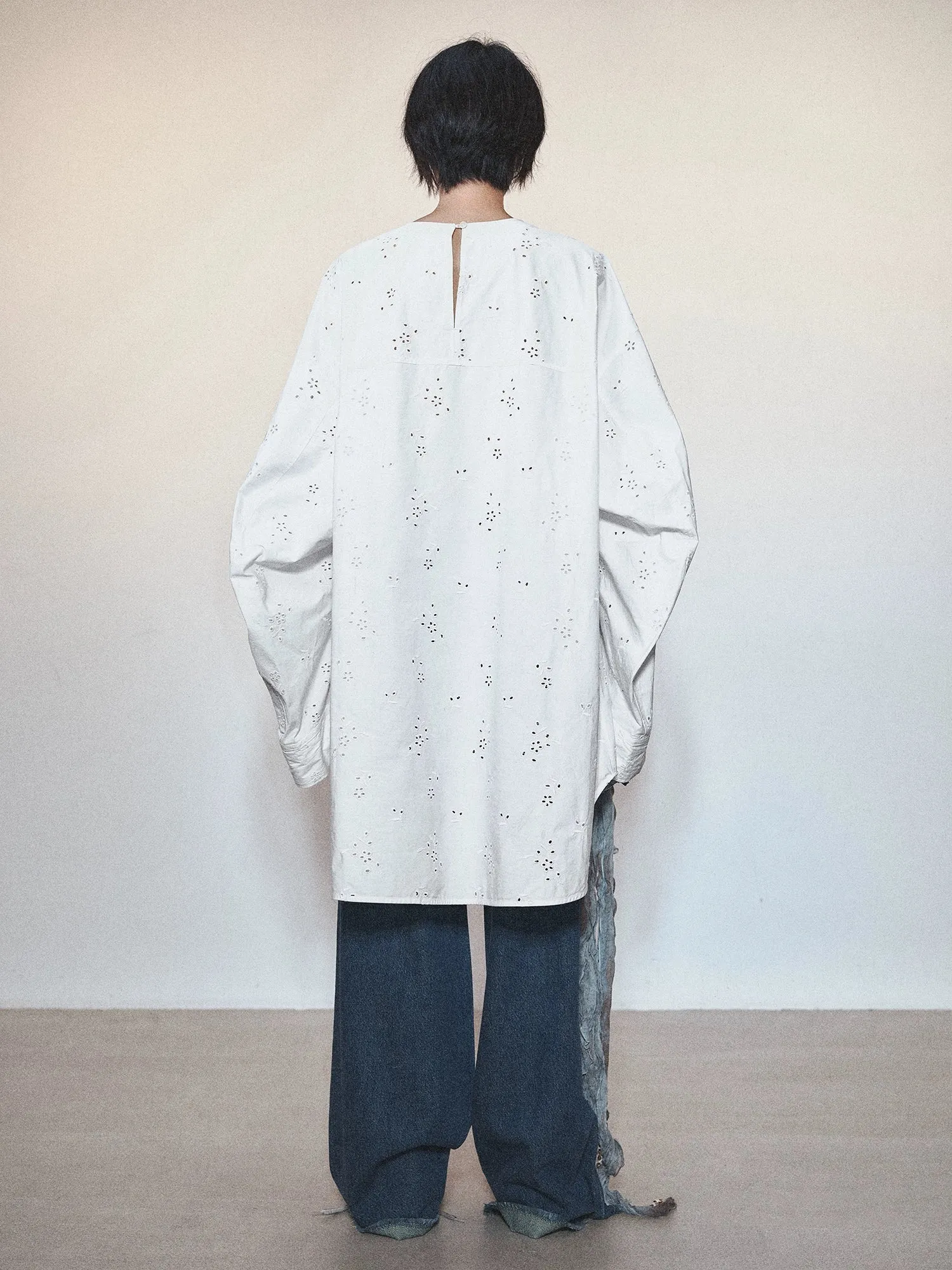 Oversized Silhouette Cotton Shirt & Round Neck with Patch Pocket Mutton Sleeves