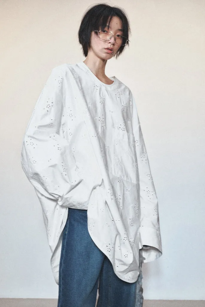 Oversized Silhouette Cotton Shirt & Round Neck with Patch Pocket Mutton Sleeves