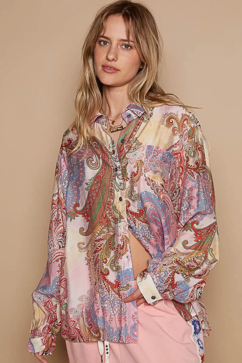 POL Button-Down Long Sleeve Paisley Print Shirt