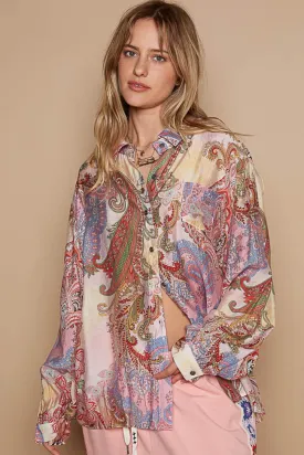 POL Button-Down Long Sleeve Paisley Print Shirt