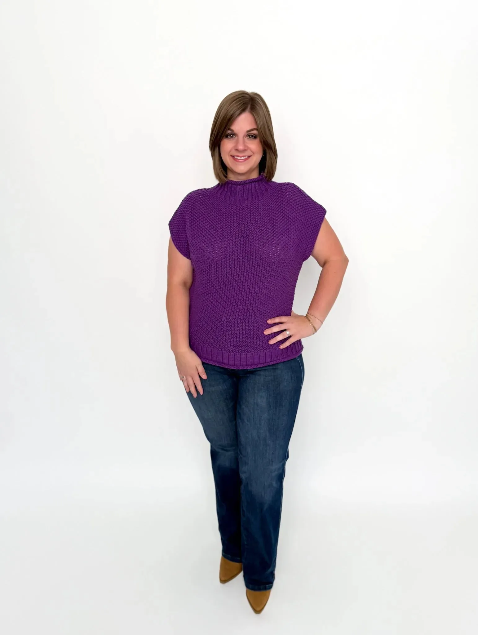 Purple Cap Sleeve Mock Neck Sweater